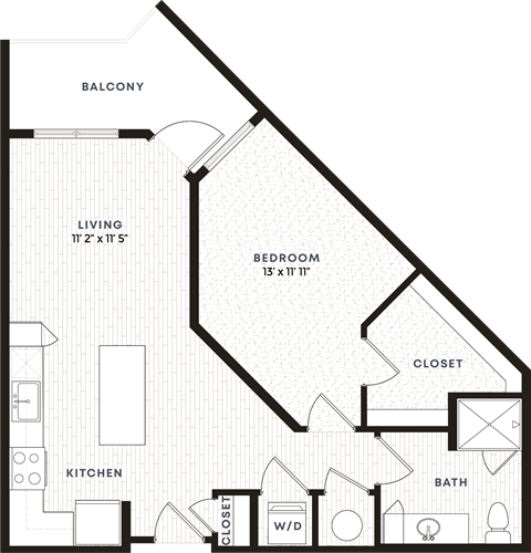 Floor plan for 1 bed, 1 bath, 741 sqft